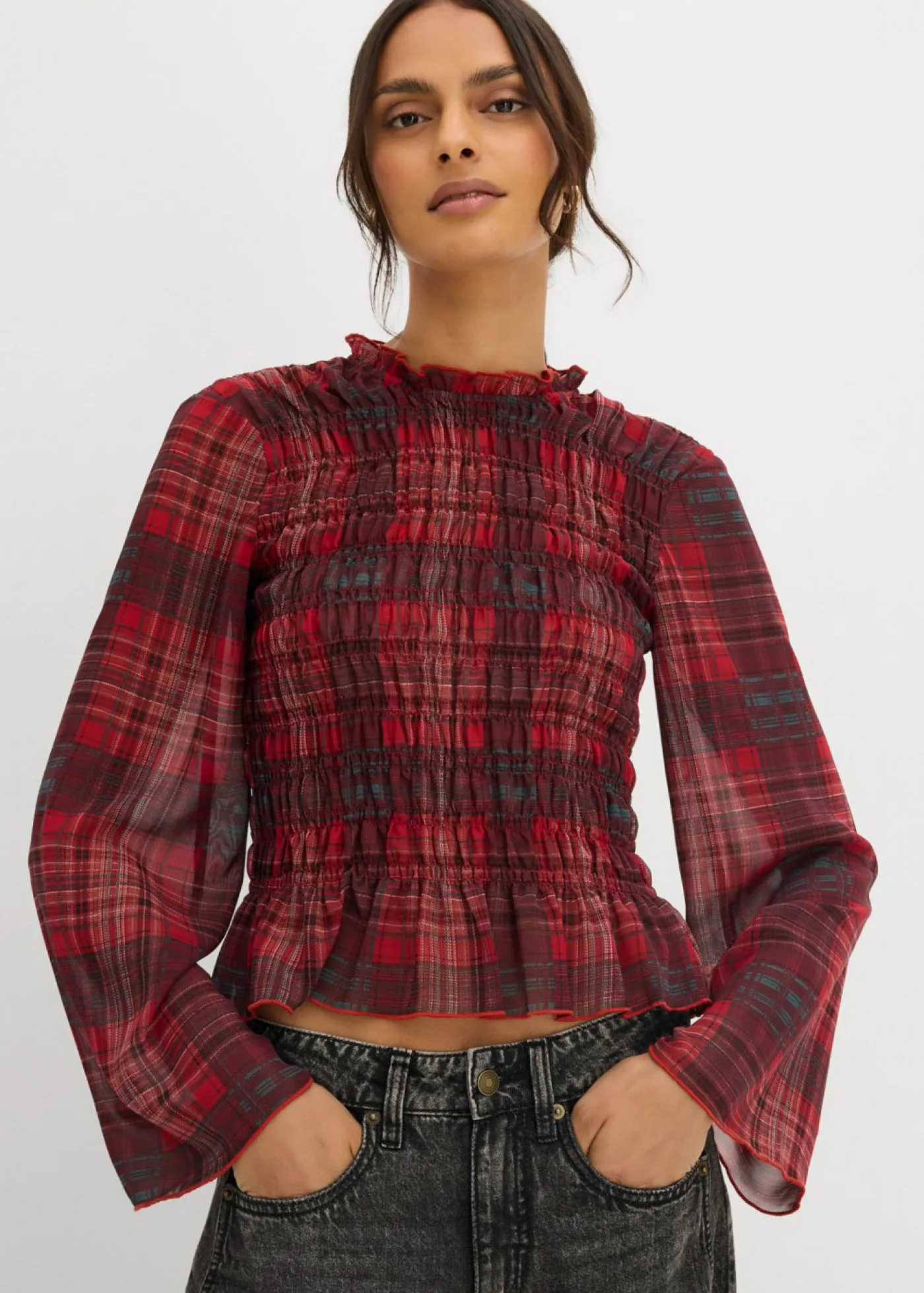 bonprix bonprix Blusa con inserto de nido de abeja rojo a cuadros Hot