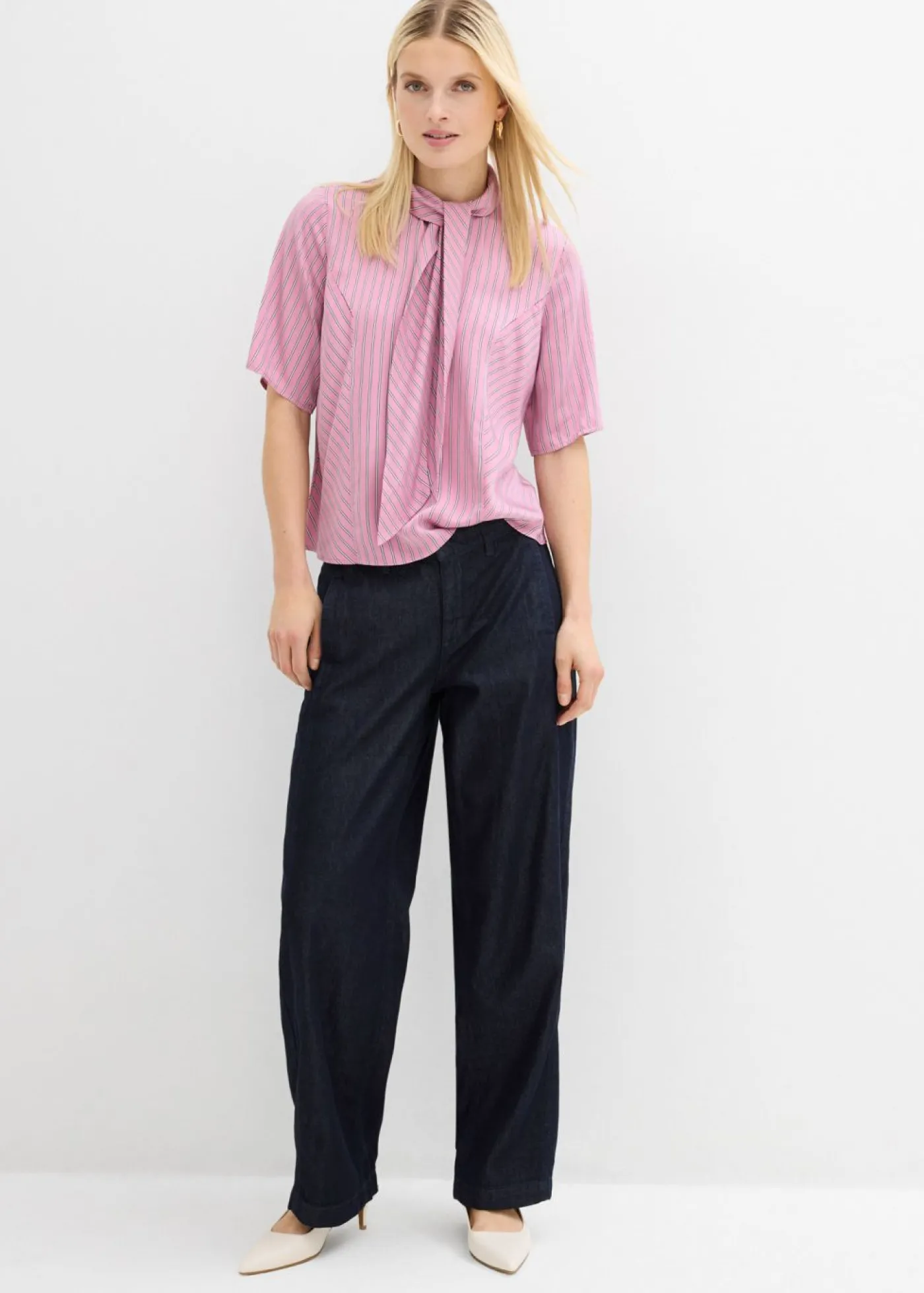 bonprix bonprix Blusa con lazo de modal suave malva-azul marino-blanco con rayas