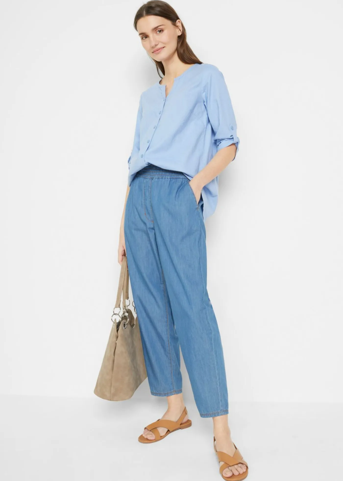 bonprix bonprix Blusa con lino y mangas 3/4 Azul perla Outlet