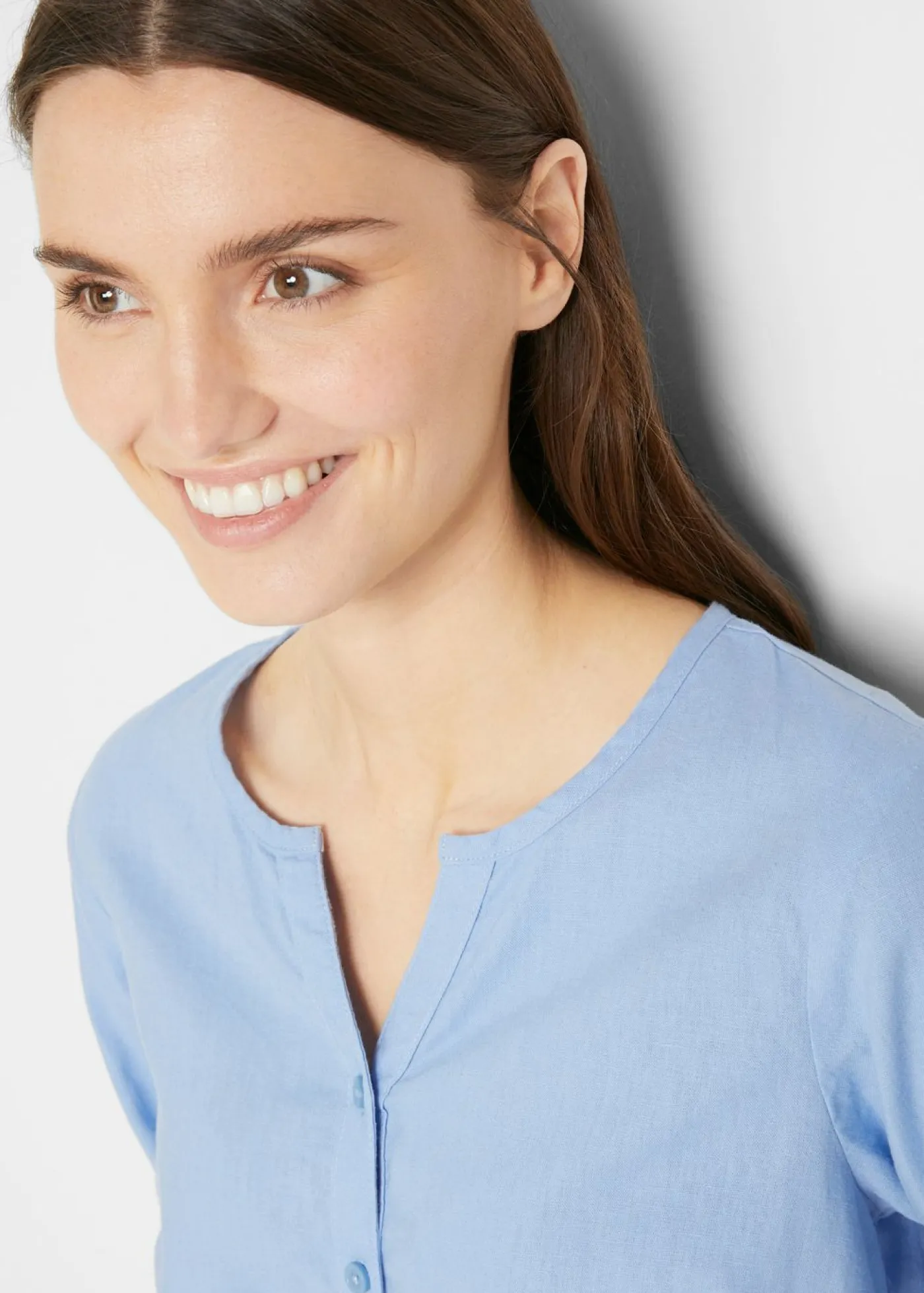 bonprix bonprix Blusa con lino y mangas 3/4 Azul perla Outlet