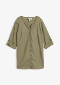 bonprix bonprix Blusa con lino y mangas 3/4 Verde oliva Outlet