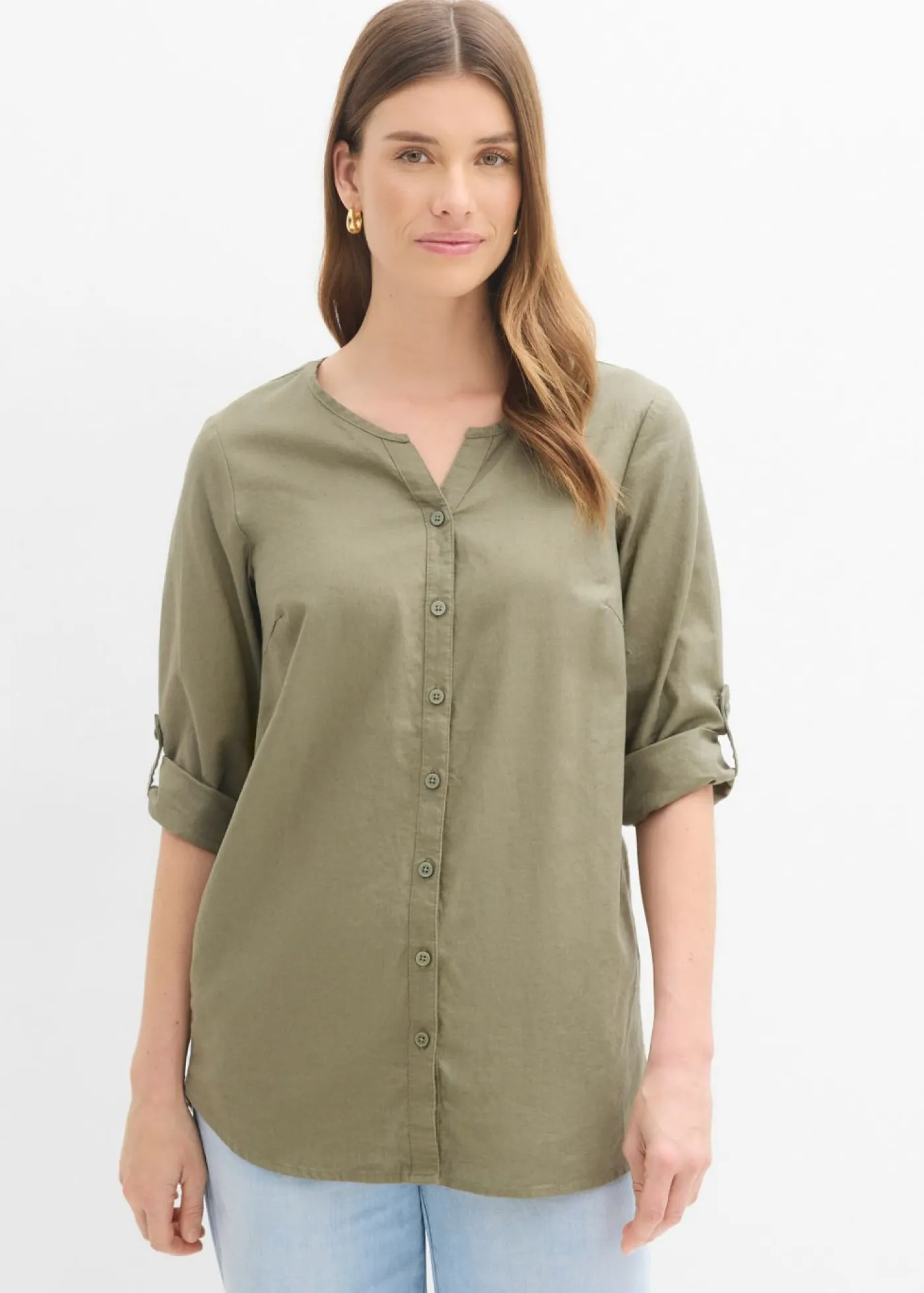 bonprix bonprix Blusa con lino y mangas 3/4 Verde oliva Outlet