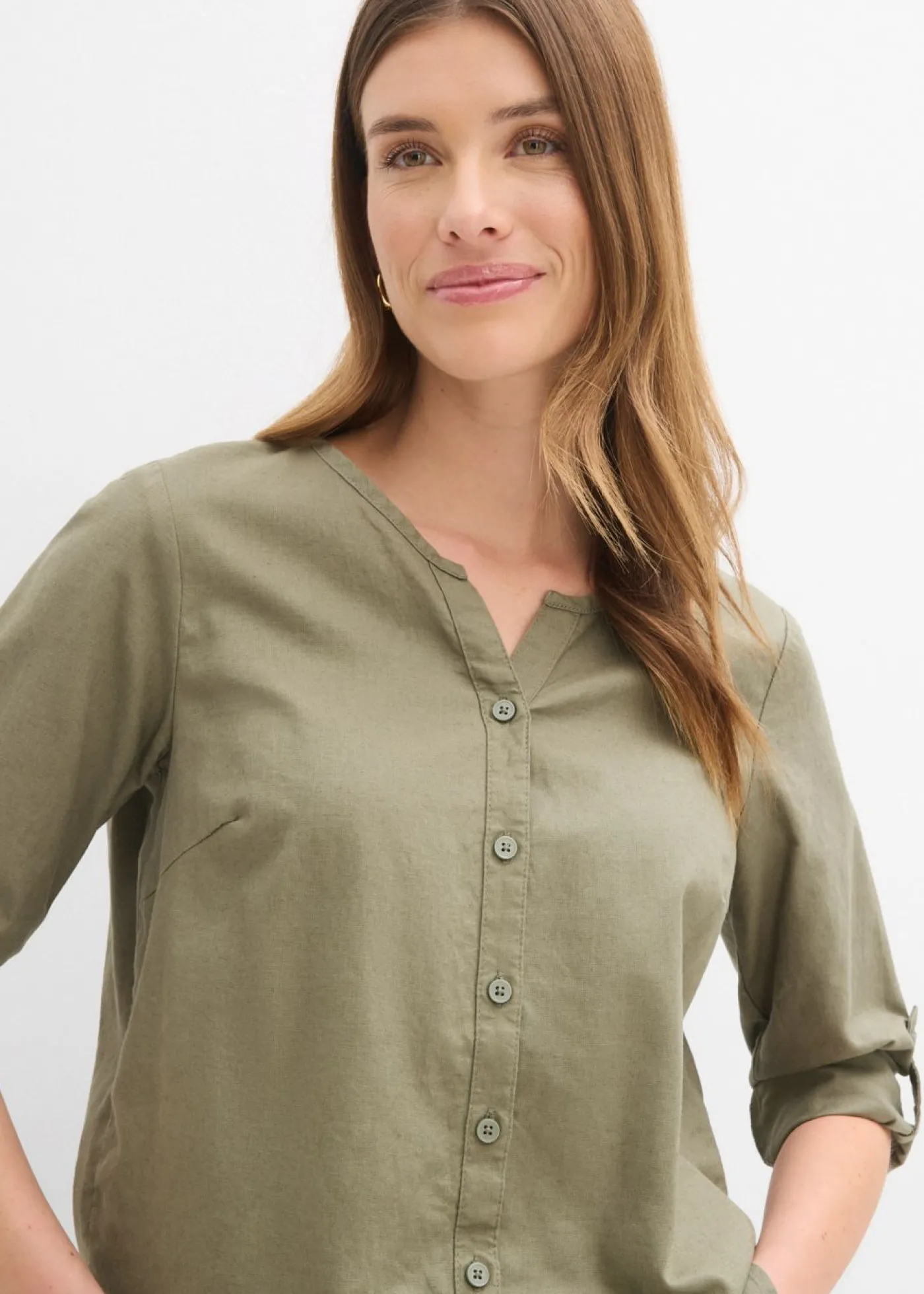 bonprix bonprix Blusa con lino y mangas 3/4 Verde oliva Outlet