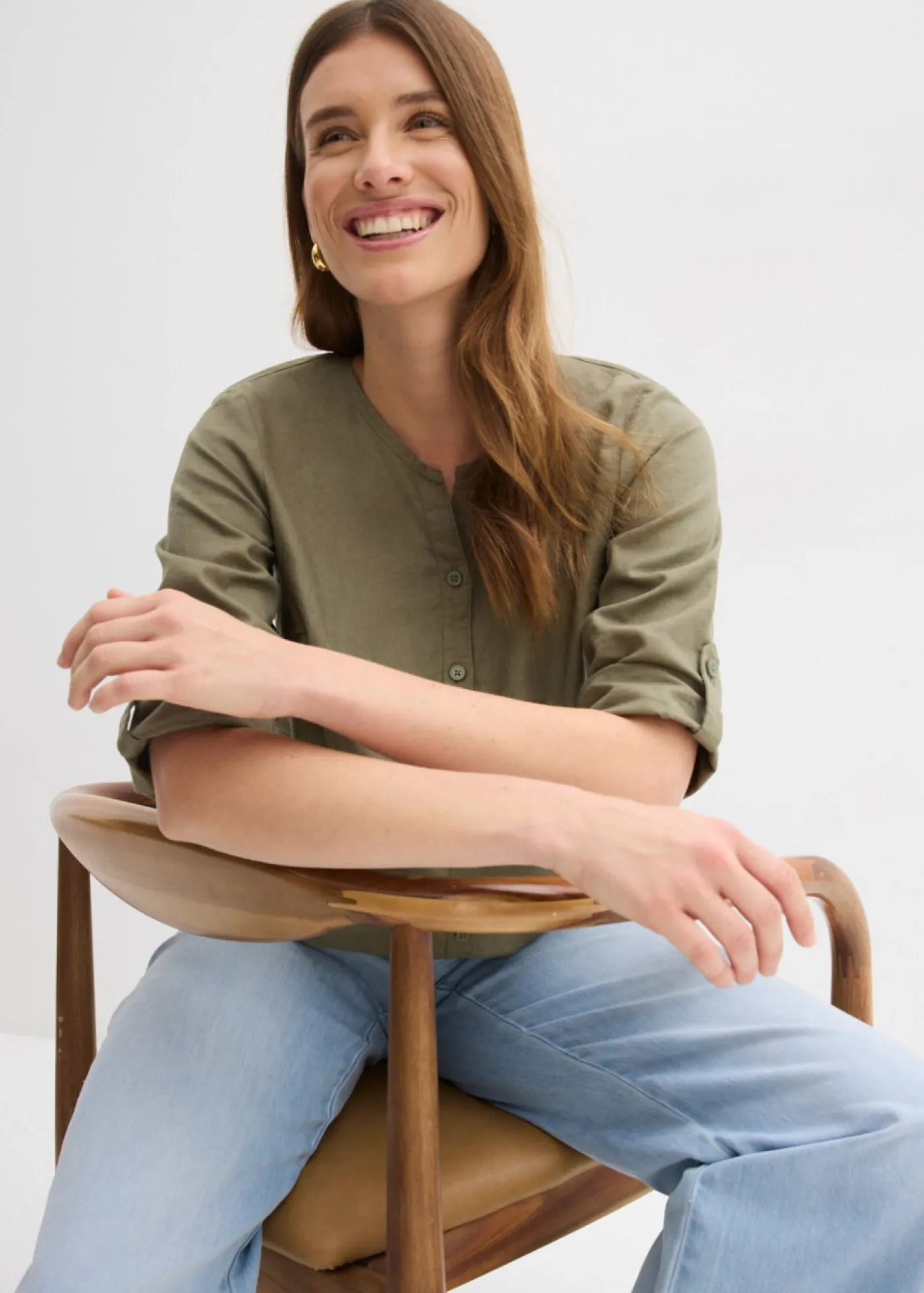 bonprix bonprix Blusa con lino y mangas 3/4 Verde oliva Outlet