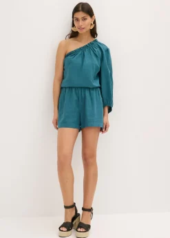 bonprix bonprix Blusa con un hombro al descubierto y contenido de lino verde pimiento New