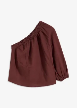 bonprix bonprix Blusa con un hombro al descubierto y contenido de lino Café Discount