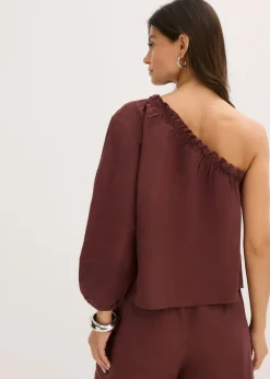bonprix bonprix Blusa con un hombro al descubierto y contenido de lino Café Discount