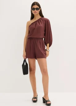 bonprix bonprix Blusa con un hombro al descubierto y contenido de lino Café Discount