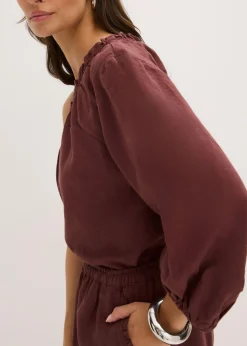 bonprix bonprix Blusa con un hombro al descubierto y contenido de lino Café Discount