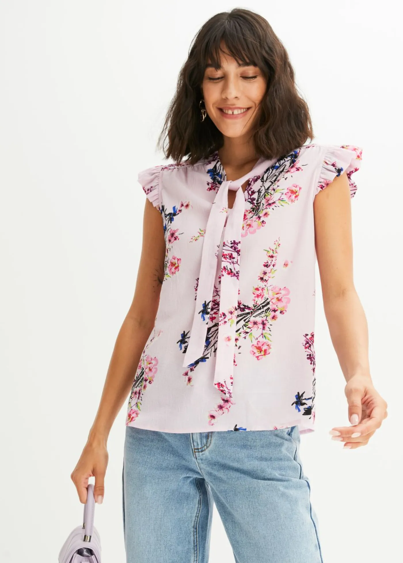 bonprix bonprix Blusa con volantes en las mangas Rosa de flores Clearance