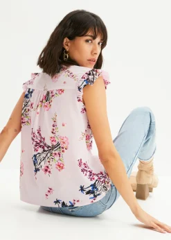 bonprix bonprix Blusa con volantes en las mangas Rosa de flores Clearance