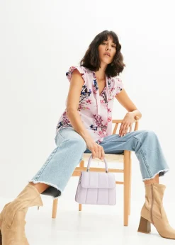 bonprix bonprix Blusa con volantes en las mangas Rosa de flores Clearance