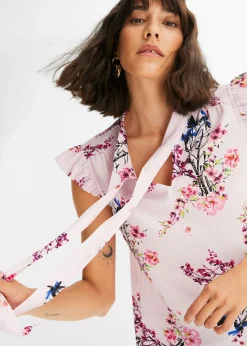 bonprix bonprix Blusa con volantes en las mangas Rosa de flores Clearance