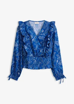 bonprix bonprix Blusa con volantes y nido de abeja Azul ártico con patrón paisley Hot