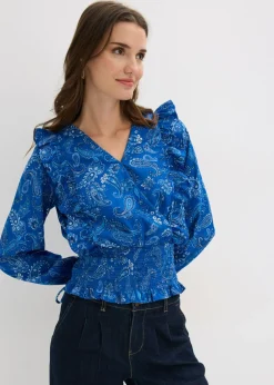 bonprix bonprix Blusa con volantes y nido de abeja Azul ártico con patrón paisley Hot