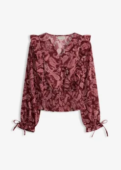 bonprix bonprix Blusa con volantes y nido de abeja Rojo rubí con patrón paisley Online