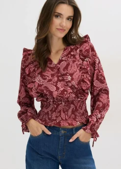 bonprix bonprix Blusa con volantes y nido de abeja Rojo rubí con patrón paisley Online