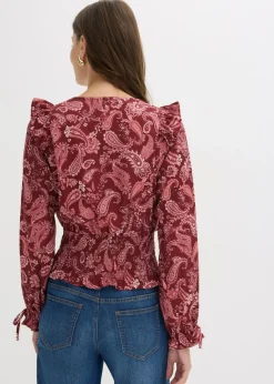 bonprix bonprix Blusa con volantes y nido de abeja Rojo rubí con patrón paisley Online