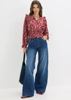 bonprix bonprix Blusa con volantes y nido de abeja Rojo rubí con patrón paisley Online