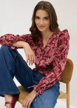 bonprix bonprix Blusa con volantes y nido de abeja Rojo rubí con patrón paisley Online