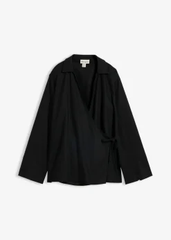 bonprix bonprix Blusa cruzada de mezcla de lino Negro Outlet