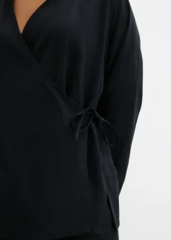 bonprix bonprix Blusa cruzada de mezcla de lino Negro Outlet