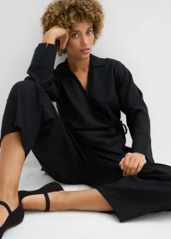 bonprix bonprix Blusa cruzada de mezcla de lino Negro Outlet
