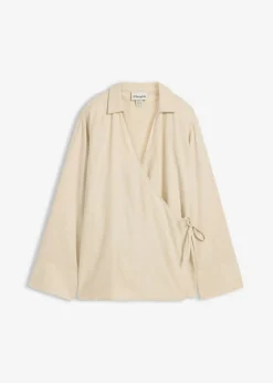 bonprix bonprix Blusa cruzada de mezcla de lino Arena claro Outlet