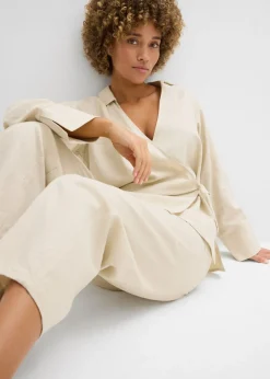 bonprix bonprix Blusa cruzada de mezcla de lino Arena claro Outlet