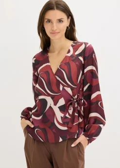 bonprix bonprix Blusa cruzada de satén fluido Rojo burdeos-beige mate estampado Outlet