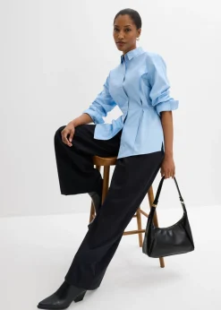 bonprix bonprix Blusa de algodón con detalle de lazo Azul claro Online