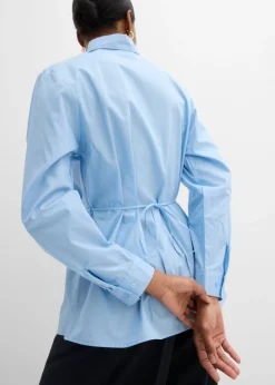 bonprix bonprix Blusa de algodón con detalle de lazo Azul claro Online