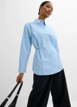 bonprix bonprix Blusa de algodón con detalle de lazo Azul claro Online