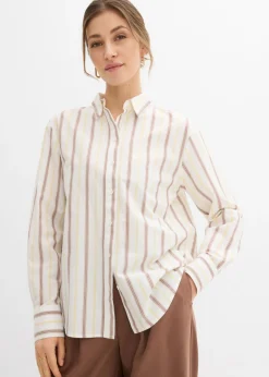 bonprix bonprix Blusa de algodón puro blanco lana-blanco perla-amarillo claro-arena claro-marrón castaño rayas verticales Sale