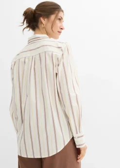 bonprix bonprix Blusa de algodón puro blanco lana-blanco perla-amarillo claro-arena claro-marrón castaño rayas verticales Sale