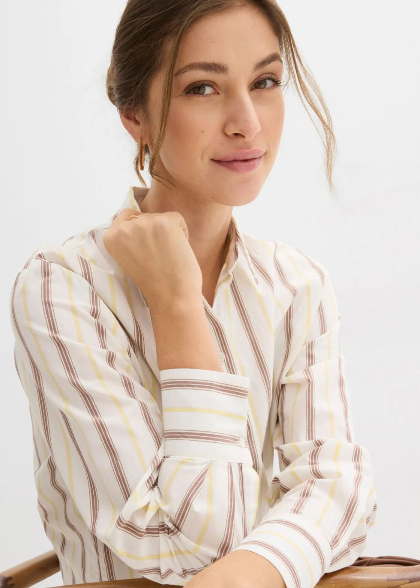 bonprix bonprix Blusa de algodón puro blanco lana-blanco perla-amarillo claro-arena claro-marrón castaño rayas verticales Sale