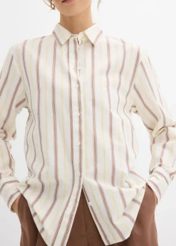 bonprix bonprix Blusa de algodón puro blanco lana-blanco perla-amarillo claro-arena claro-marrón castaño rayas verticales Sale