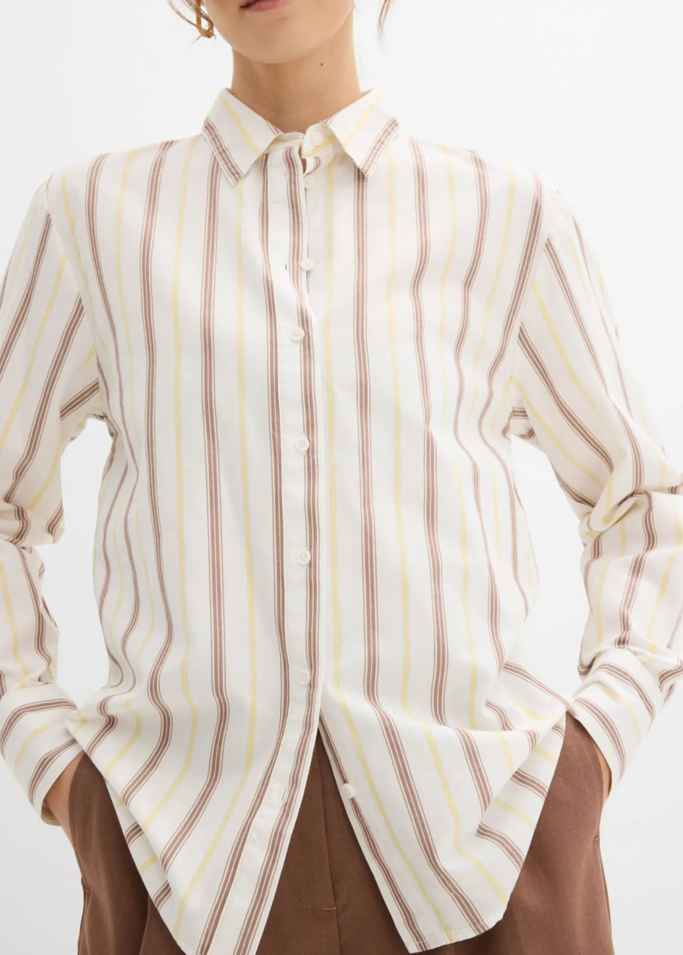 bonprix bonprix Blusa de algodón puro blanco lana-blanco perla-amarillo claro-arena claro-marrón castaño rayas verticales Sale