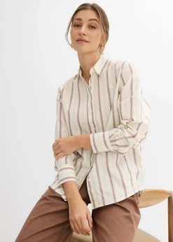 bonprix bonprix Blusa de algodón puro blanco lana-blanco perla-amarillo claro-arena claro-marrón castaño rayas verticales Sale