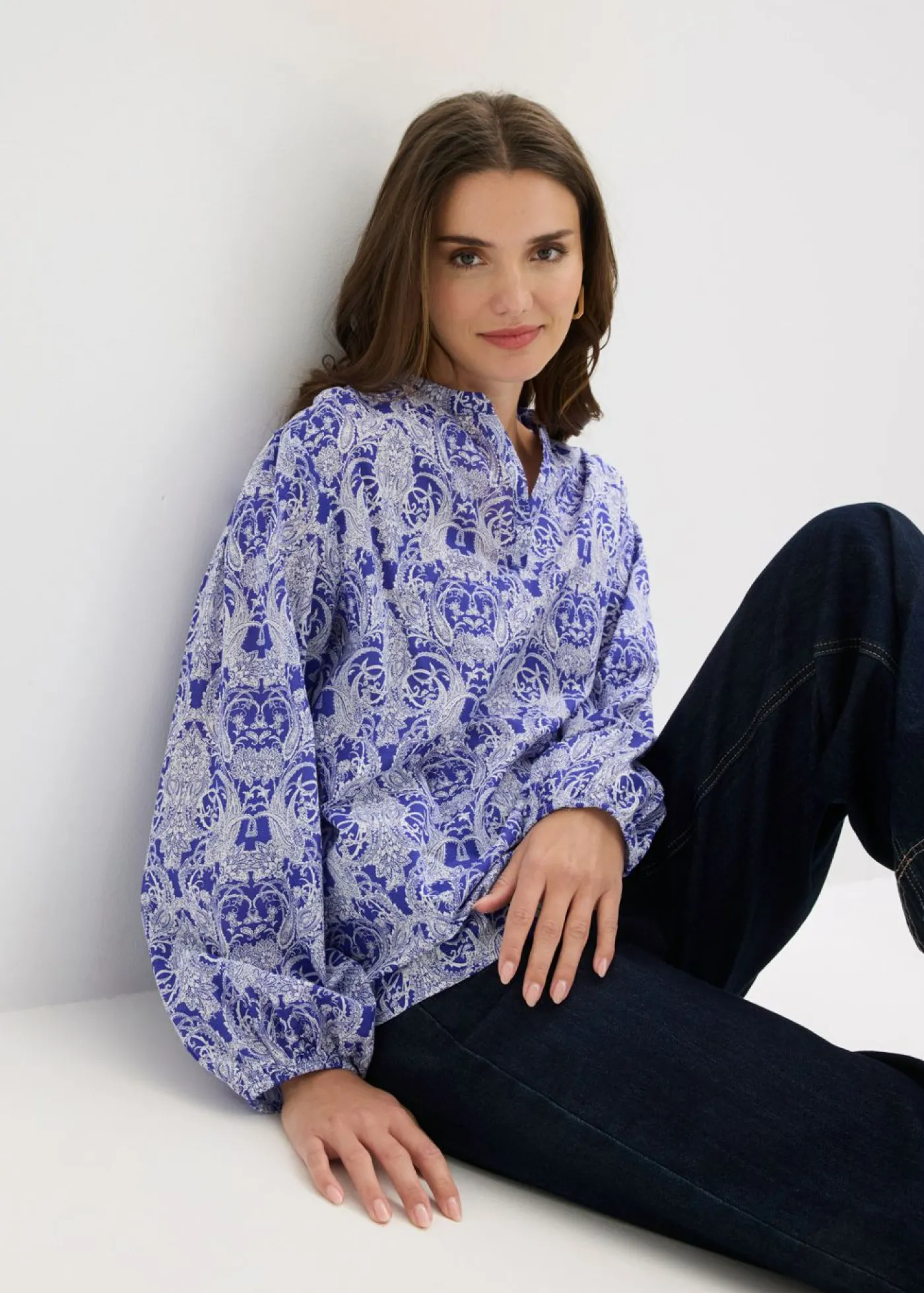 bonprix bonprix Blusa de algodón puro azul azafata-blanco lana Outlet
