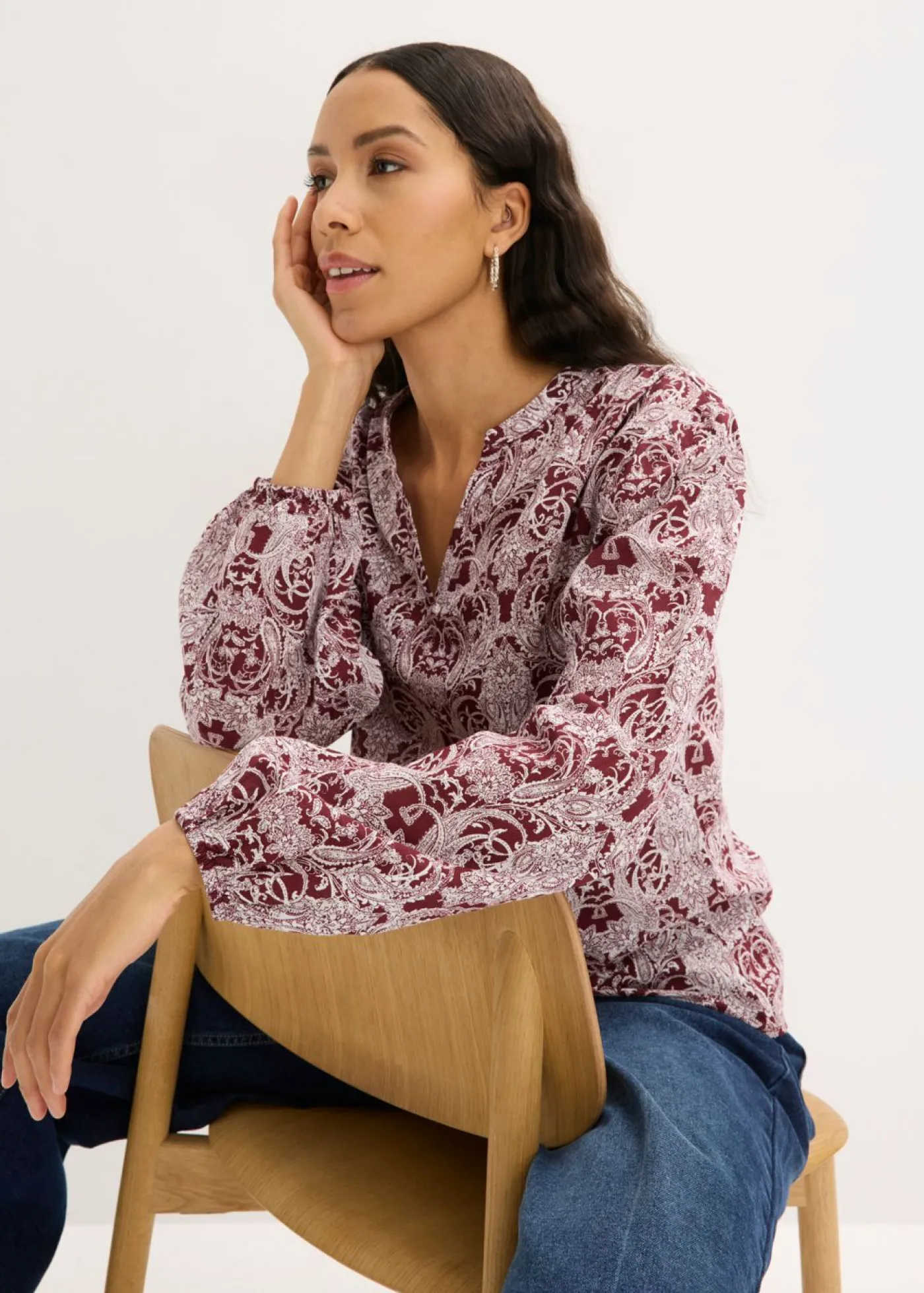 bonprix bonprix Blusa de algodón puro rojo rubí-blanco lana Best
