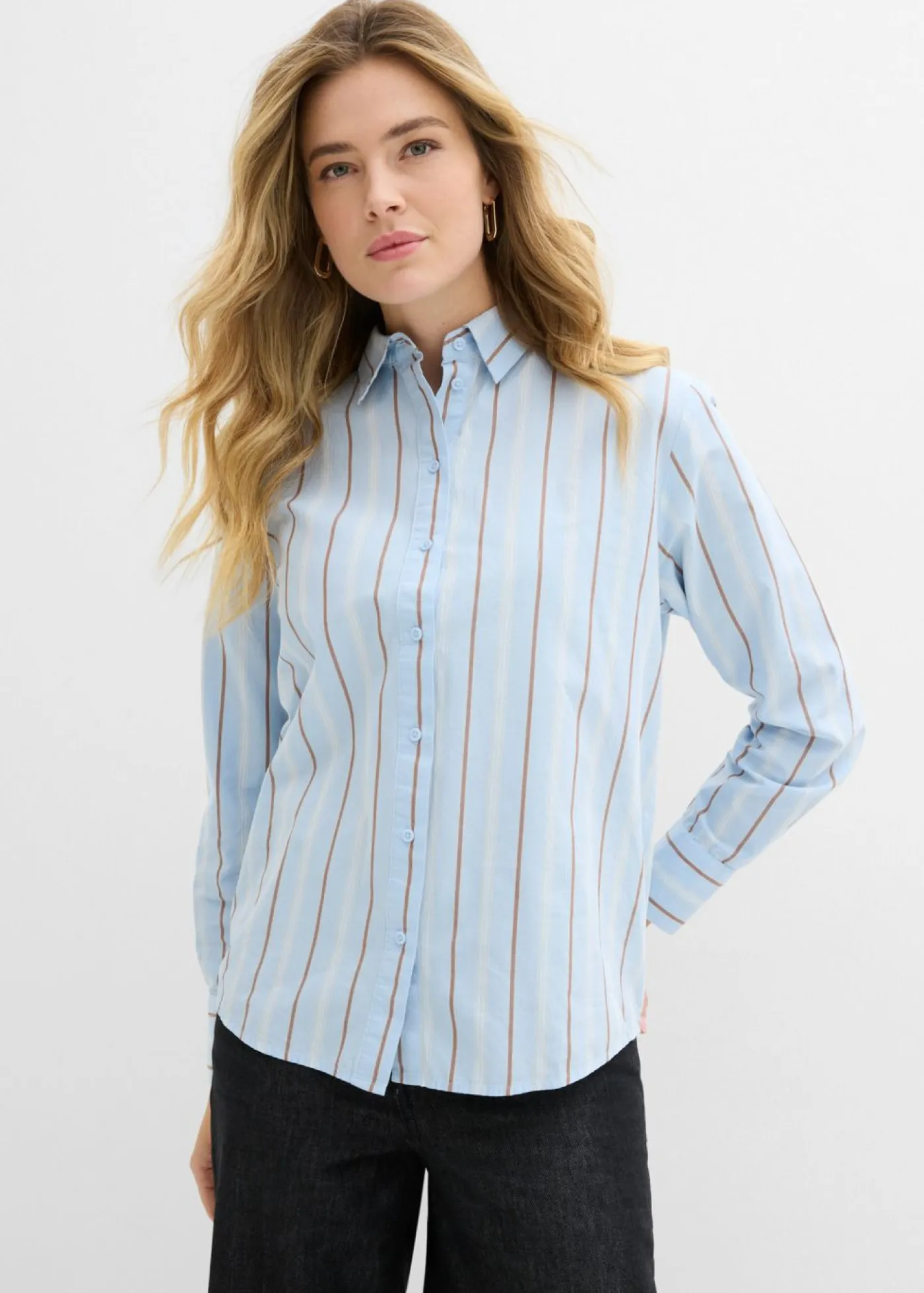 bonprix bonprix Blusa de algodón puro azul pálido-blanco lana-marrón castaño-arena claro rayas verticales Sale