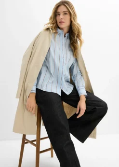 bonprix bonprix Blusa de algodón puro azul pálido-blanco lana-marrón castaño-arena claro rayas verticales Sale