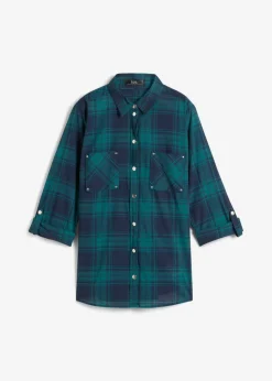 bonprix bonprix Blusa de cuadros de algodón puro verde azulado / azul marino a cuadros Hot