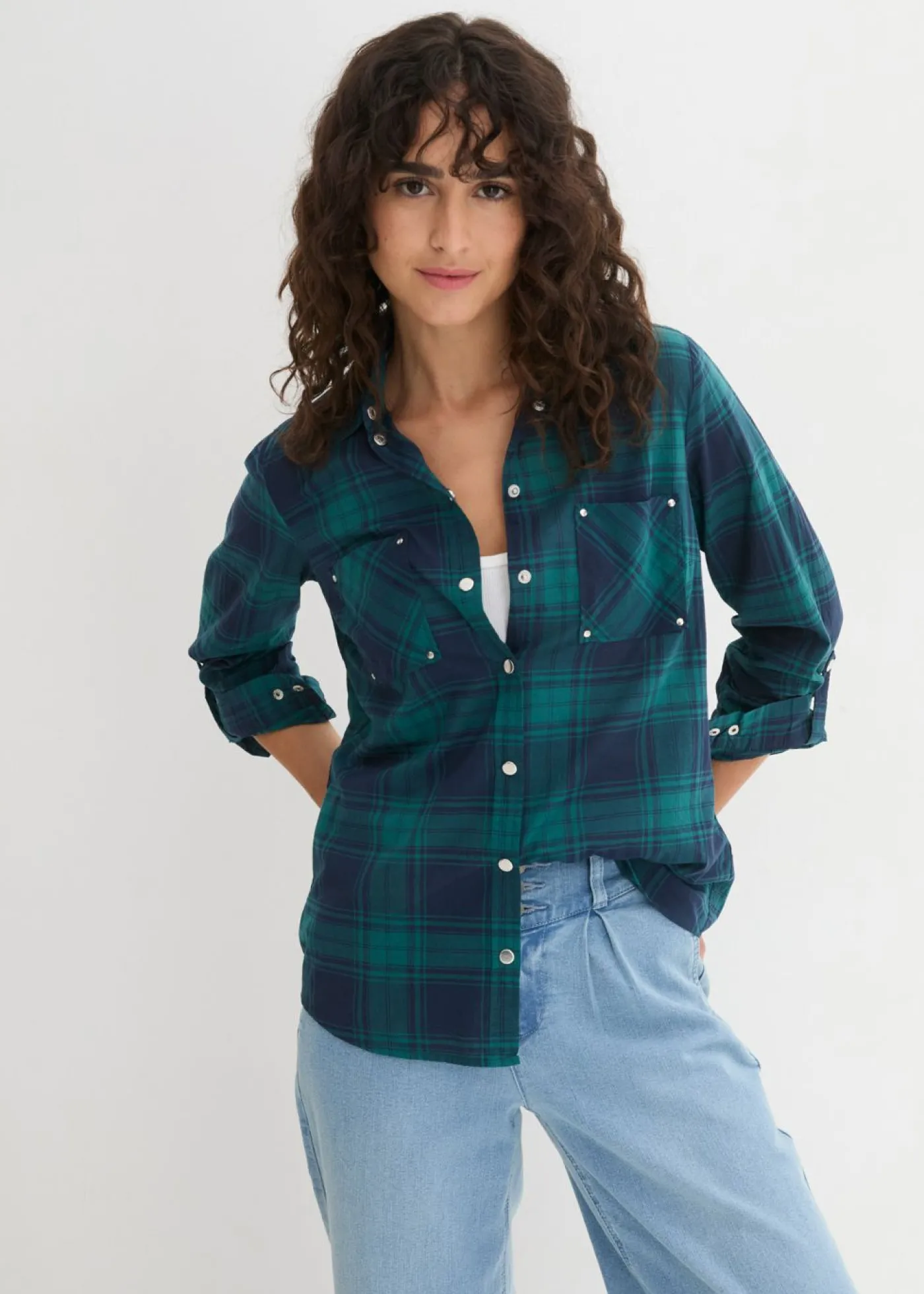 bonprix bonprix Blusa de cuadros de algodón puro verde azulado / azul marino a cuadros Hot