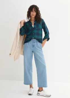 bonprix bonprix Blusa de cuadros de algodón puro verde azulado / azul marino a cuadros Hot