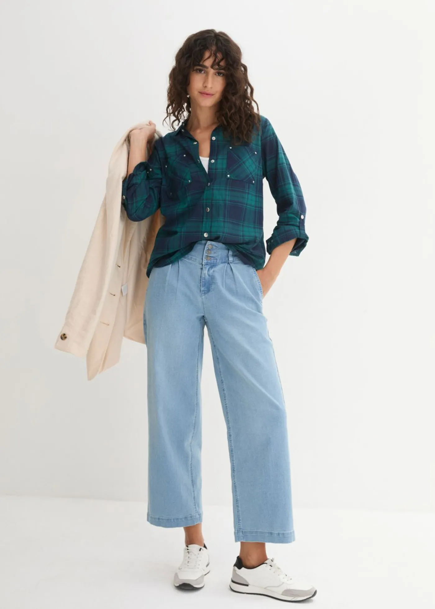 bonprix bonprix Blusa de cuadros de algodón puro verde azulado / azul marino a cuadros Hot