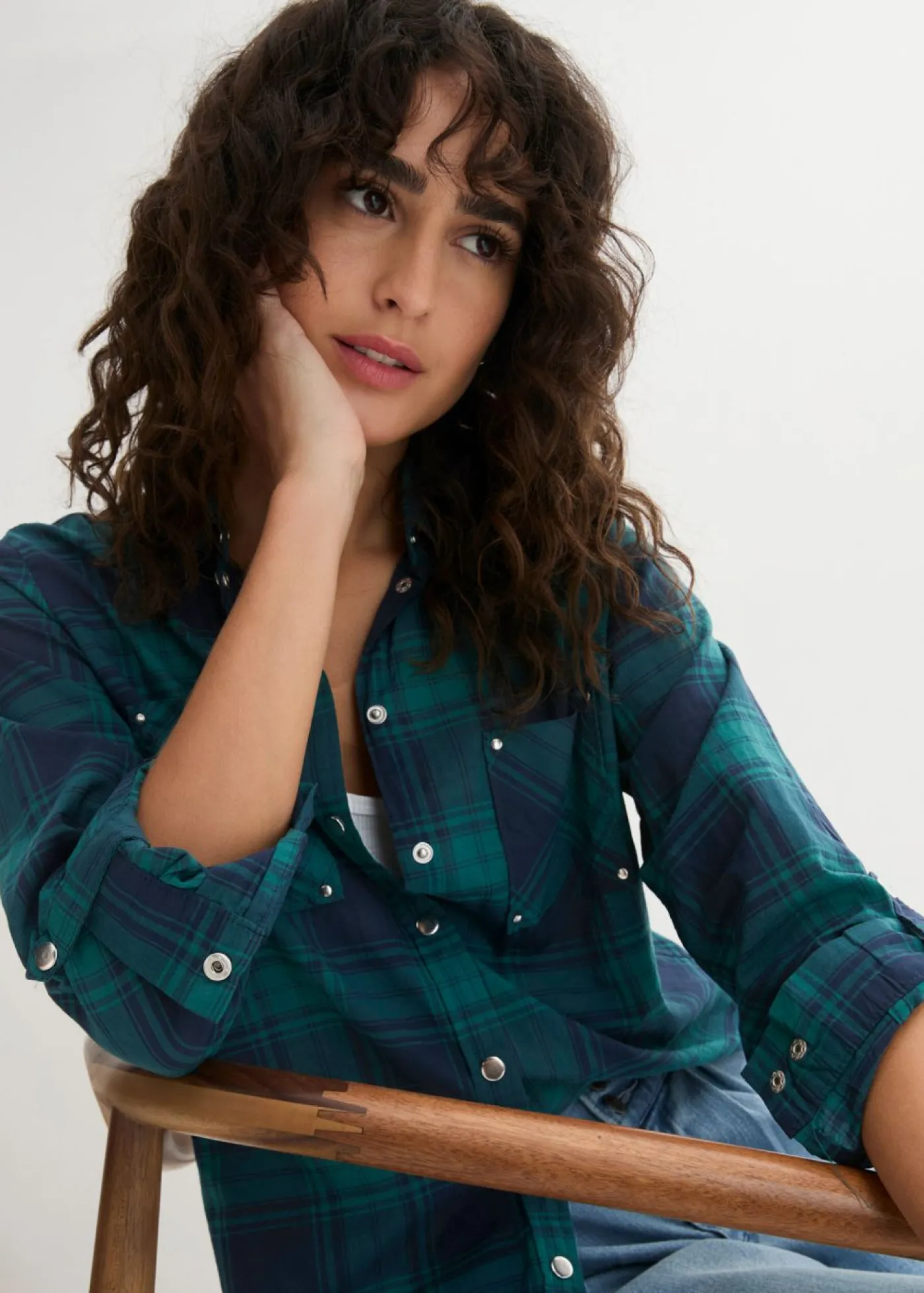bonprix bonprix Blusa de cuadros de algodón puro verde azulado / azul marino a cuadros Hot