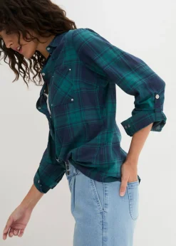 bonprix bonprix Blusa de cuadros de algodón puro verde azulado / azul marino a cuadros Hot