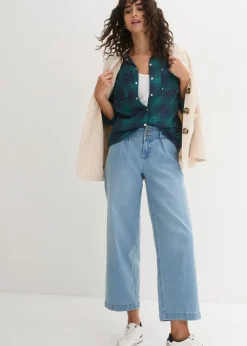 bonprix bonprix Blusa de cuadros de algodón puro verde azulado / azul marino a cuadros Hot